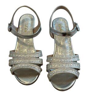 Girls Silver Glitter Sandals By Walstar Size 4 Rhinestone Straps Buckle Closure